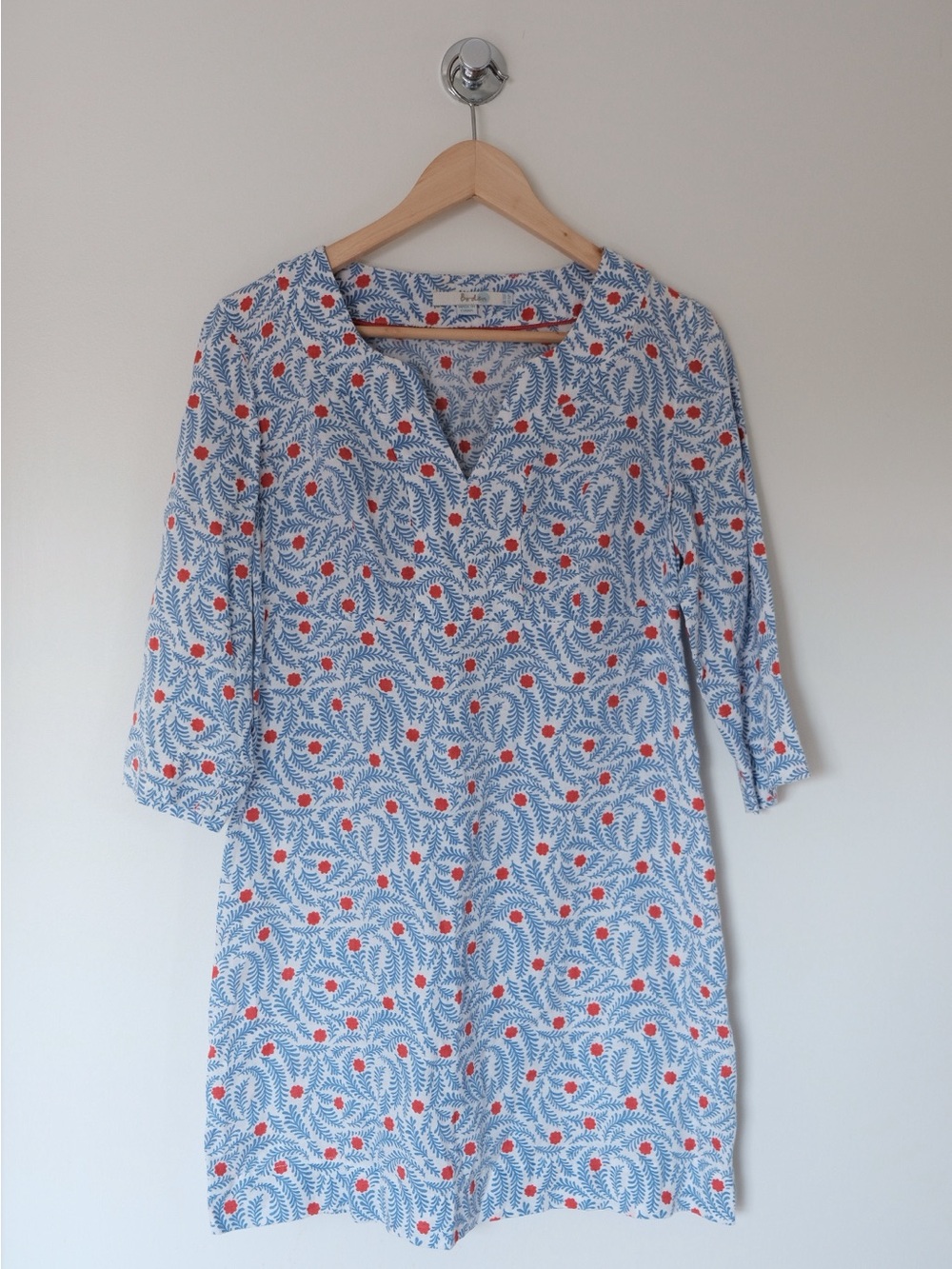 Boden 100% Linen Blue Red Floral Coastal Print Tunic Mini Dress Size 6P